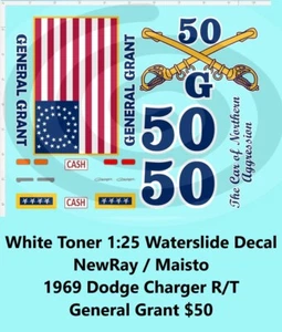 White Toner 1:25 Waterslide Decal 1969 Dodge Charger R/T General Grant $50 - Picture 1 of 8