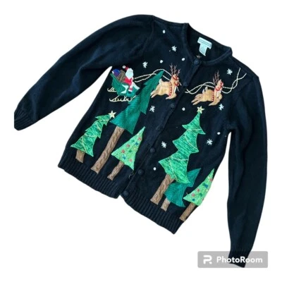 Santa Reindeer Embroidered Cardigan Christmas Sweater Size Small Cottagecore - Image 1 of 4