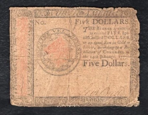 JANUARY 14, 1775 $5 FIVE DOLLARS CONTINENTAL CURRENCY NOTE - Picture 1 of 2