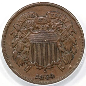 1864 2c Large Motto Two Cent Piece ANACS AU 50 - Picture 1 of 5