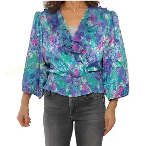 Blusa para mujer vintage talla mediana azul floral mangas abullonadas volantes SUSAN TUDOR - Imagen 1 de 12