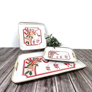 Vintage Christmas Lacquerware Tray Set 3 piece Santa Holly Bells Ribbon - Picture 1 of 10