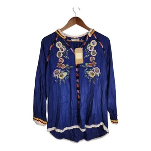 Tru Luxe Jeans Womens Sz Small Blue Boho Embroidered V-Neck 3/4 Sleeve Tunic Top - Picture 1 of 14
