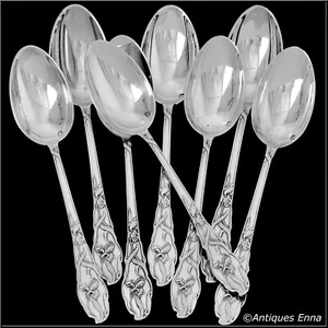 Juego de 8 cucharas de café de té francesas raras de plata esterlina Ravinet, iris - Imagen 1 de 5