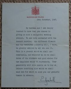 Buckingham Palace Letter signed "Elizabeth" giving thanks for Wedding present