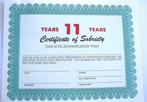 Alcoholics Anonymous AA Certificate of Sobriety 11 Year Award Medallion Token - Picture 1 of 2