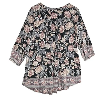 Lucky Brand Top Womens 2X Black Floral V-Neck Buttons Border 3/4 Sleeve Boho - Image 1 of 4
