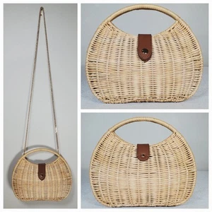 J.Crew Semicircle Rattan Clutch Natural Handle Removable Crossbody Chain New - Picture 1 of 15