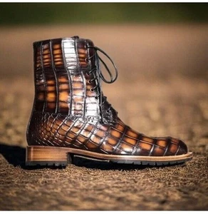 New Handmade Men's Handmade Brown Crocodile Textured Leather Dress Ankle Boots - Picture 1 of 11