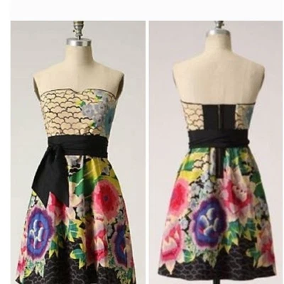 Moulinette Soeurs Floral Strapless Silk Dress Size 10 Black Waist Tie - Image 1 of 4