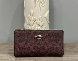 COACH Slim Zip Wallet In Signature Canvas Black Current (Dark Cherry Red) CW661 - Picture 1 of 12