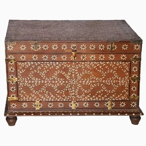 Wooden Inlay Storage Trunk Box, Wood Blanket Box Solid Floral Pattern - Picture 1 of 12