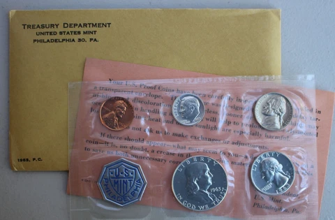 1963 Annual 5 Coin Proof Set Silver Coins and Envelope with Franklin Half Dollar Cover