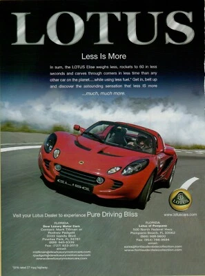 2010 Lotus Elise Less is More Red Carves Corners Car Original Color Print Ad - Image 1 of 2