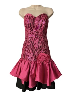 Vintage Loralie Pink Party Prom Dress Size 10 Lace Taffeta Drop Waist 80s USA - Image 1 of 4