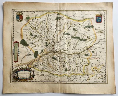 MAPA 1640 de FRANCIA ANJOU por WILLEM BLAEU antiguo AUTÉNTICO coloreado a mano Foto 1 de 4