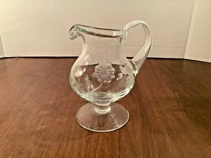 Vintage Etched Floral Clear Glass Pedestal Pitcher Creamer 5.5" - Picture 1 of 10