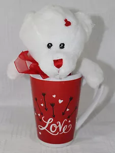 Valentines Red and White Love Mug with Stuffed White Bear with Red Hearts - Picture 1 of 8