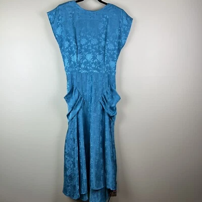 VTG 80s Nuance Sz Medium Satin Teal Blue Draped Pockets Formal Blouson Dress - Image 1 of 4