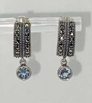 Pendientes JUDITH JACK Sterling 925, Topacio Azul y Marcasita Aro Poste Perforado Foto 1 de 4