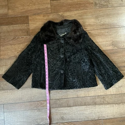 Abrigo de piel de cordero rizado Gerhardt vintage talla S cuello de visón negro monograma para mujer #886 Foto 1 de 4