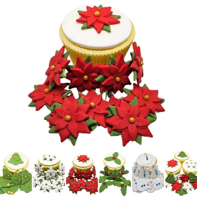 EXQUISITE SUGAR ROSES 12 x Poinsettia - Edible Christmas Cake Cupcake decoration Toppers - *7 DESIGNS*