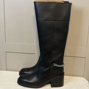 MICHAEL Michael Kors Black Womens 11 Silver Chain Leather Knee High Boots Block - Picture 1 of 14