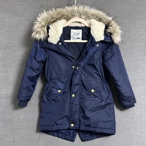 J Crew Jacket Girls Small Blue Faux Fur Hood Parka PrimaLoft Quilted Fleece Coat - Picture 1 of 15