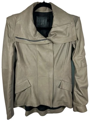 Dawn Levy  Moto Taupe Neutral Soft Leather Jacket Coat Stretch Metallic Zip Med - Image 1 of 4