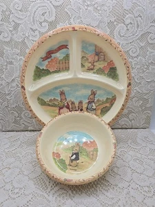Vintage Peter Rabbit Easter Bunnies Melamene Divided Childs Baby Plate & Bowl - Picture 1 of 12