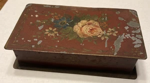 Antique Metal Tin Trinket Keepsake Curio Box Hand Painted Flowers France VTG #1 - Picture 1 of 24