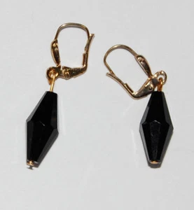 VINTAGE BLACK PLASTIC BICONE PIERCED EARRINGS BRASS OLD - Picture 1 of 1