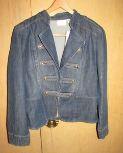 New Chico’s Denim Military Jacket Braid Detail Hook Eye Closure Size 1 MSRP $129 - Picture 1 of 4