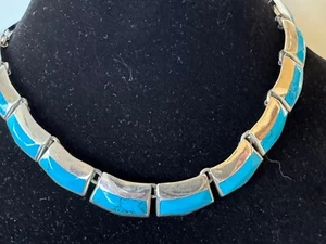 Estate Taxco 950 Sterling Silver Turquoise Heavy Choker Link Necklace 104 Grams - Picture 1 of 10
