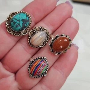 Damen Konvolut 4 Steinringe Sterlingsilber vergoldet Ringe Boho Bohemian bunt - Bild 1 von 6