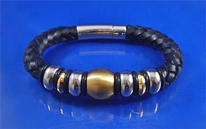 STAINLESS STEEL TWO TONE BEADS ON BRADED BLACK LEATHER BANGLE, 8.5" - Picture 1 of 5