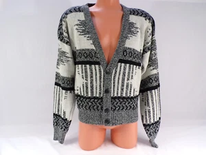 Vintage Barnaby Sweater Men LG Black Gray White L/S Cardigan Button Acrylic L24 - Picture 1 of 8