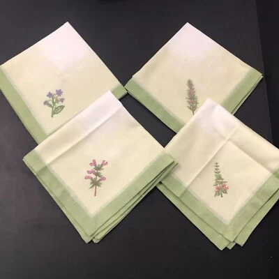 Set 4 Square Dinner Napkins Pale Green Painted Flowers Cotton Made In Italy 15” - Image 1 of 4