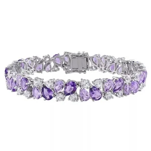 26.42TCW Pear Amethyst & Round White Sapphire Cluster Engagement Tennis Bracelet - Picture 1 of 6