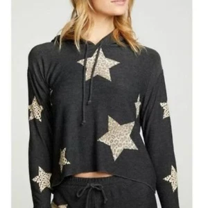 Chaser Leopard Animal Print Star Print Gray Hoodie Women’s Size XS Cropped - Picture 1 of 9