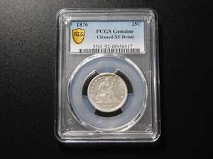 VINTAGE US COINS  1876 SEATED LIBERTY  SILVER QUARTER PCGS GOLD SHIELD XF DETAIL - Picture 1 of 9