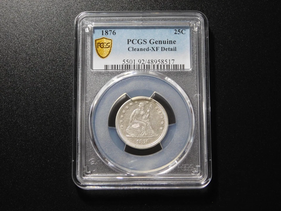 VINTAGE US COINS  1876 SEATED LIBERTY  SILVER QUARTER PCGS GOLD SHIELD XF DETAIL - Image 1 of 4