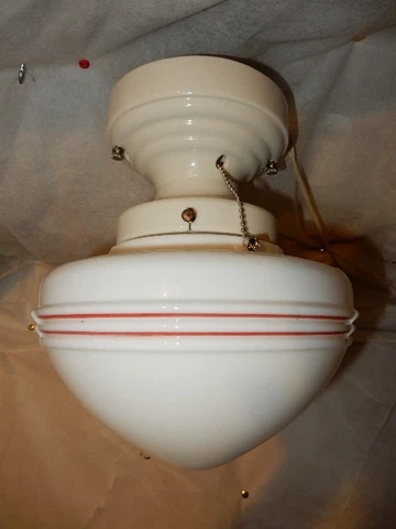 Original Art Deco Globe with Red Stripe Design on Streamlined Porcelain Fitter Cover