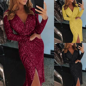Women Sexy Deep V Sequins Wrap Ruched Long Sleeve Formal Party Nightclub Dress - Picture 1 of 15