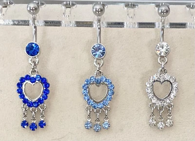 Crystal Heart Outline with Dangles Navel Belly Ring- choose your color - Image 1 of 4