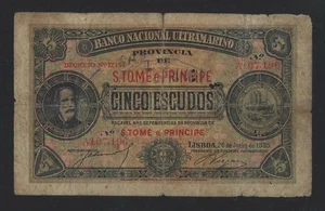 PORTUGAL SAINT THOMAS AND PRINCE 5 ESCUDOS 1935 P-26 RARE - Picture 1 of 2