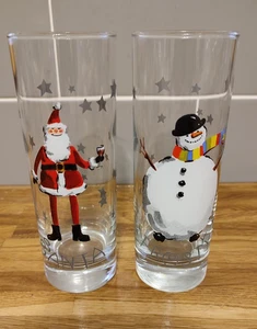 Pair vintage glass tumblers Christmas. Santa. Frosty Snowman. Stars. Hi Ball. - Picture 1 of 5