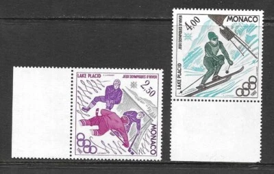 MONACO Stamp 批量 带 MARGINS SCOTT #1225,1226 LAKE PLACID 冬季 奥林匹克运动会 全新无标签 — 第 1/2 张图片