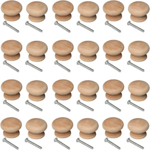 24 PCS round Wooden Knob with Screws Unfinished Drawer Furniture Cabinet Closet 