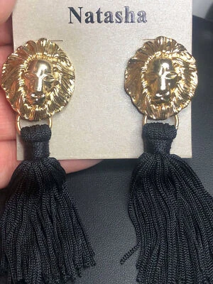 3414 Natasha Statement Lion head gold tone tassel Earrings -New Foto 1 de 2
